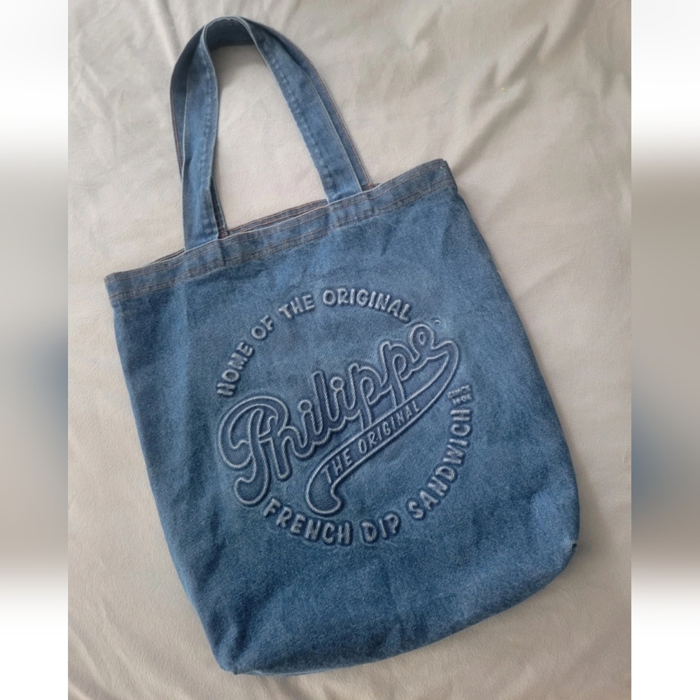 Vintage Philippe The Original L.A. French Dip Sandwich 1908 Denim Tote Bag Blue